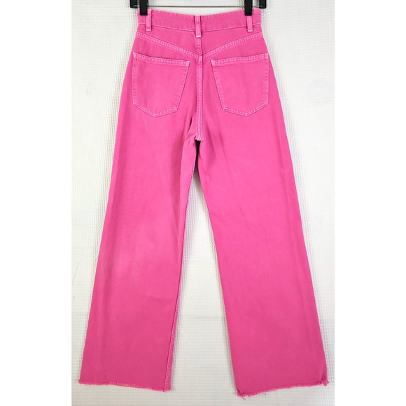 Zara Jeans ~Womens 2~ Pink Wide Leg High Rise Denim Raw Edge Hem Bright Barbie. - Picture 12 of 14